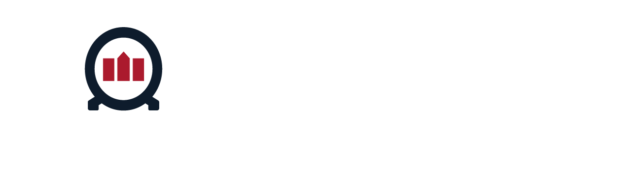 Circular dark-blue logo with a red bar chart inside.